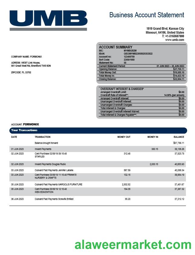 UMB Bank enterprise account statement Word and PDF template